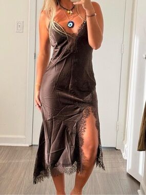 Zara Brown Lace-Trim Slip Midi Dress